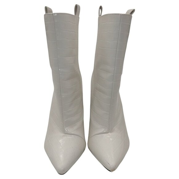 White Croc Embossed Ankle Boots Pointed Toe Block Heel Y2K Baddie Boss Babe - Picture 11 of 12